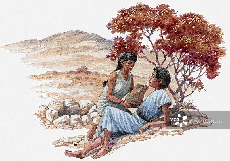 创世纪中夏甲和以实玛利在沙漠中缺水，上帝提供井水的插画图片素材