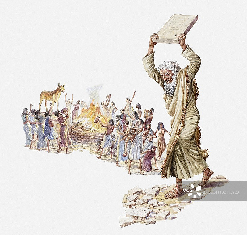 以色列人庆祝金牛犊，摩西愤怒地砸碎石板插画图片素材