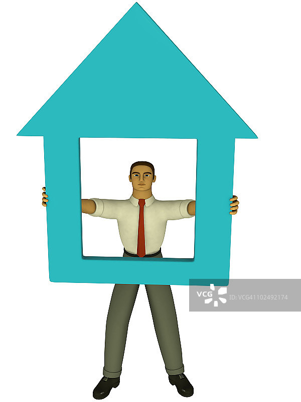 商人看着3D风格的纸板房屋模型图片素材