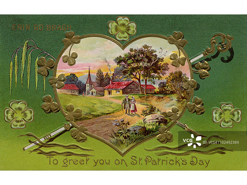 一张心形框架内的爱尔兰乡村风景的复古卡片图片素材