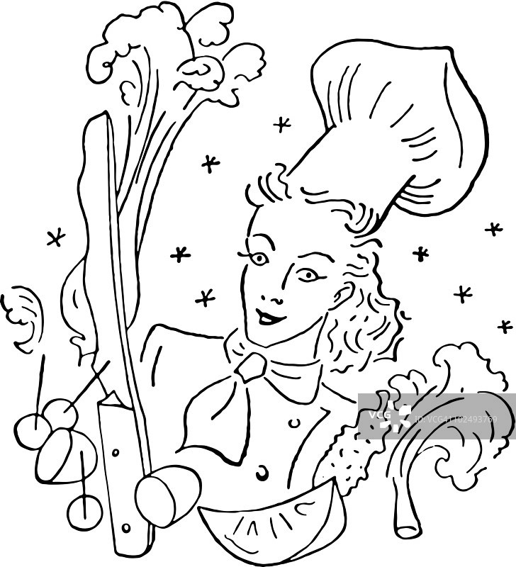 被水果和蔬菜包围的厨师的黑白照片图片素材