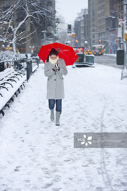 雪天里，女人撑着红色雨伞行走图片素材
