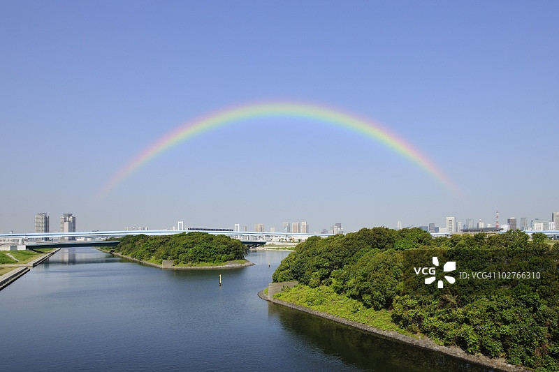 百合海鸥号铁路桥与城市彩虹，日本东京江东区有明图片素材