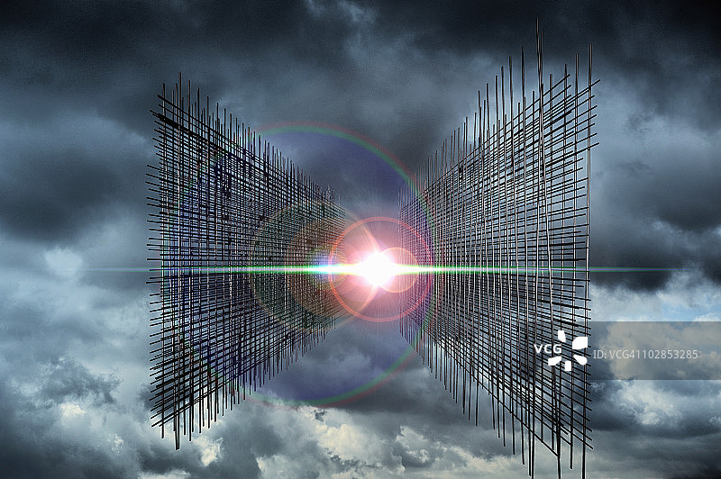 多云天空和3D线条物体图片素材
