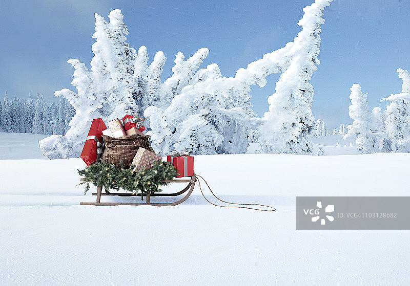 装满圣诞礼物的雪橇图片素材