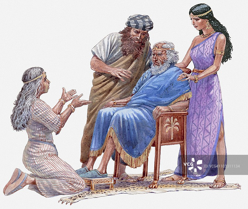 大卫坐在内森和阿比沙格的环绕中，拔示巴跪在他面前，提醒大卫他曾承诺她的儿子所罗门将成为国王，《列王纪》插画图片素材