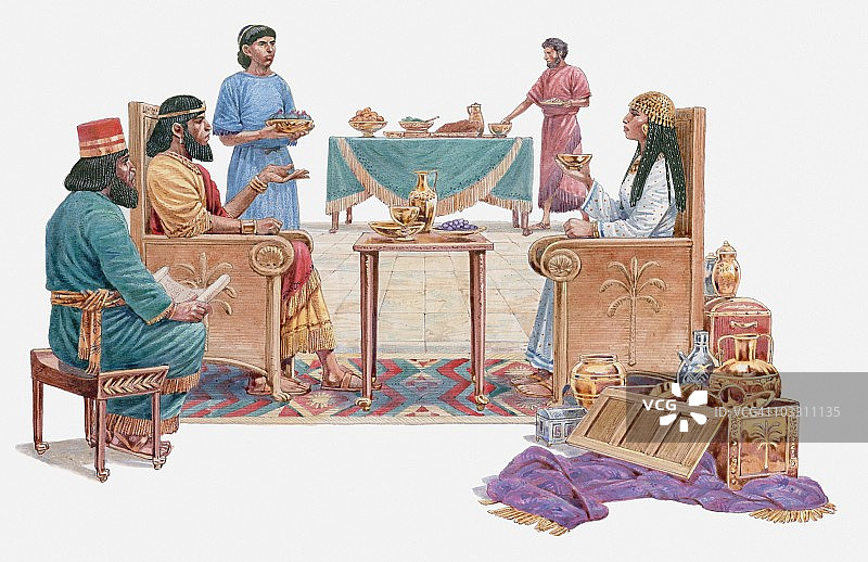 示巴女王与所罗门交谈场景插画，《列王纪》图片素材