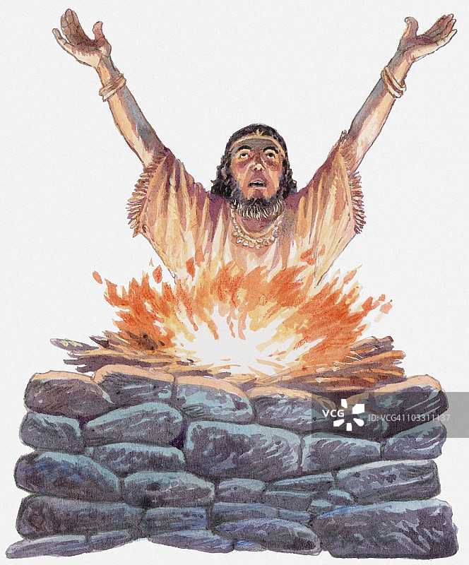 亚哈斯王举起双臂向天空的插画，在祭坛后面，上面有火，崇拜巴力，历代志图片素材