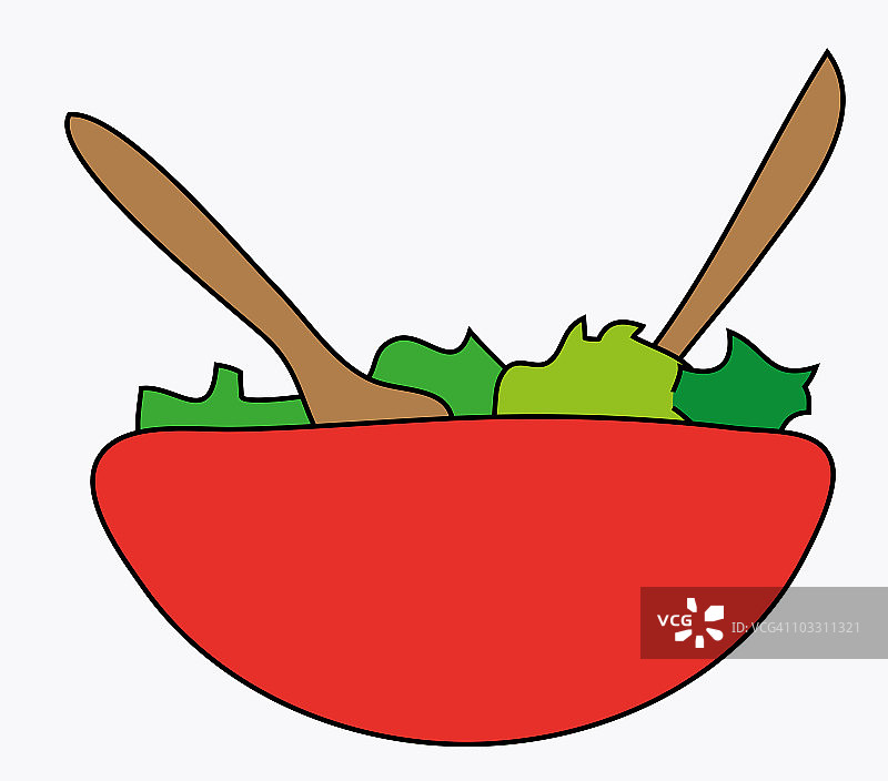 鲜红色碗中绿色沙拉和木制餐具的数字插图图片素材