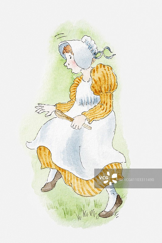 一幅年轻女子扮成女保洁员的插图，吓得跳了起来图片素材