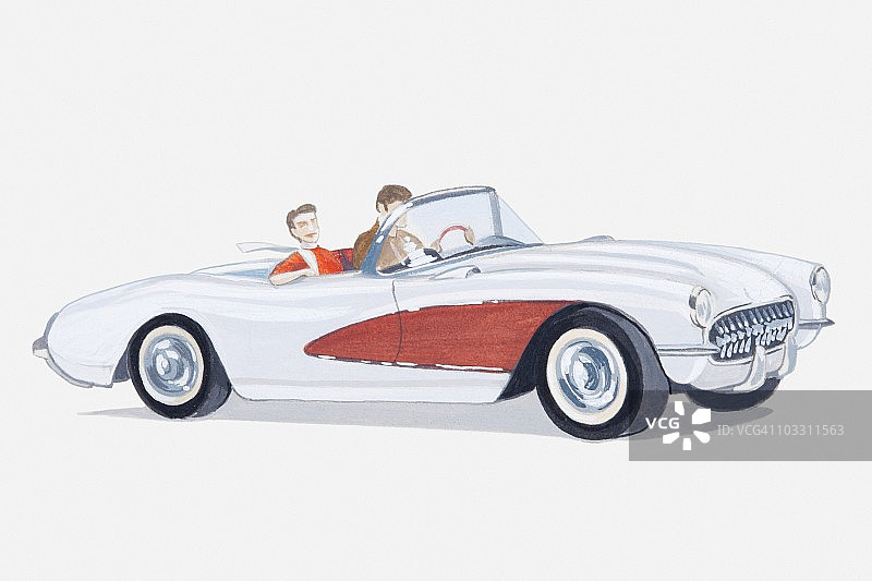 1950年代雪佛兰克尔维特敞篷跑车中的两名乘客插图图片素材