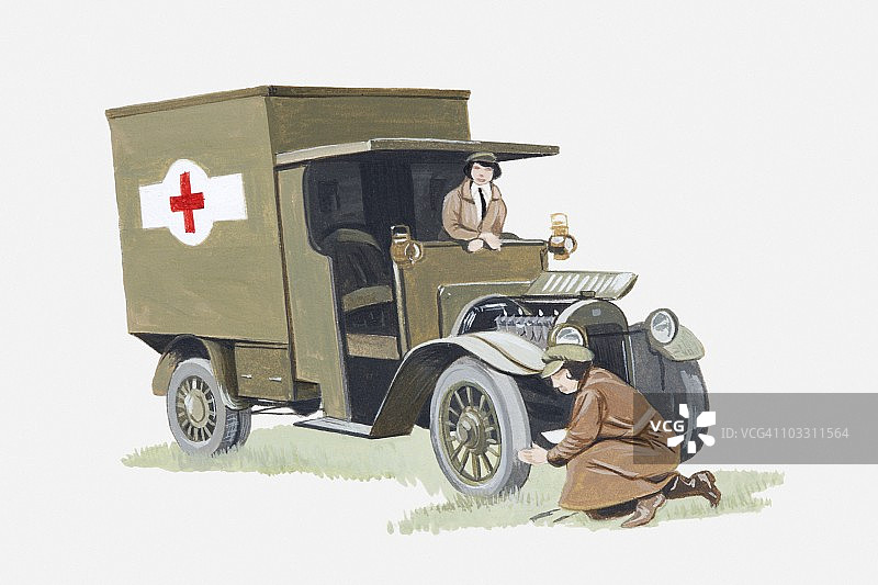 一战救护车与护士插画图片素材