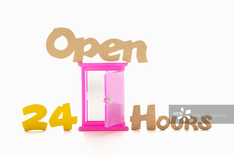 “24小时营业”标志和打开的门图片素材
