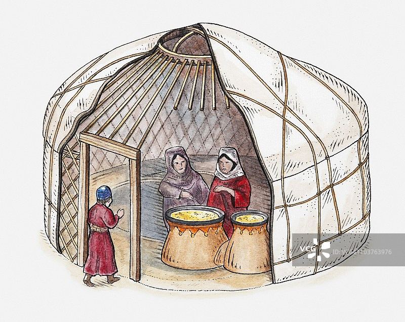 蒙古包内两名妇女和穿过入口的儿童插画图片素材