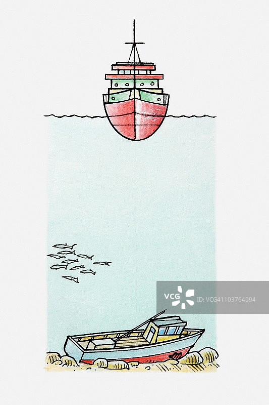 航行中的船只和海底沉船插画图片素材