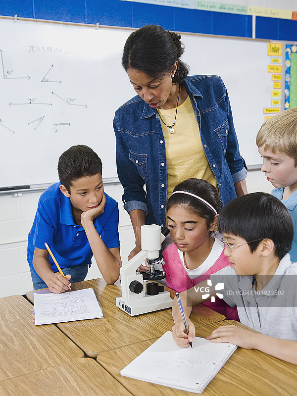 教师和小学生一起看显微镜图片素材