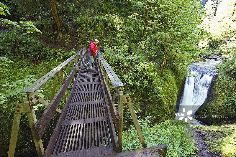 男人站在桥上眺望哥伦比亚河峡谷国家风景区的中俄涅翁塔瀑布图片素材