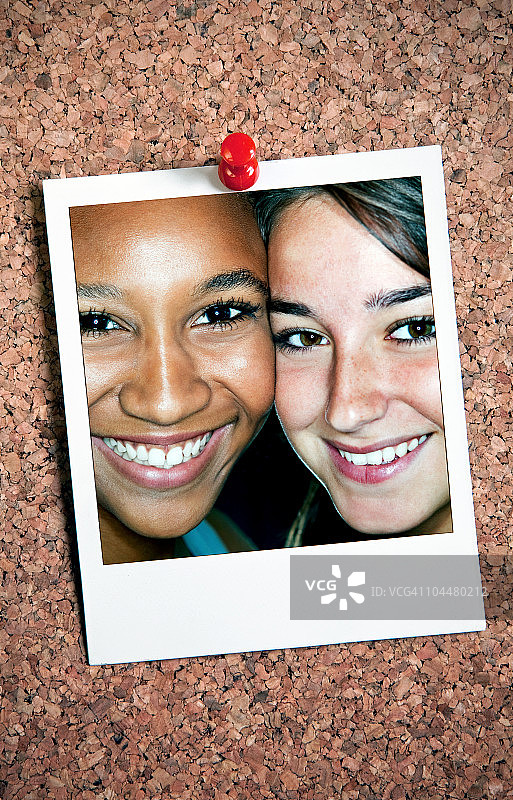 两个女孩的宝丽来照片（安装在软木塞上）图片素材