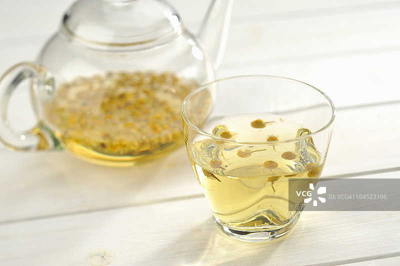 装在玻璃茶壶和杯子里的草药茶图片素材
