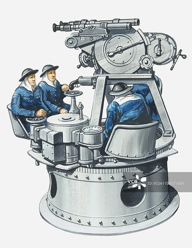 一战战列舰尾部安装的枪支瞄准装置（三人操作）插画图片素材