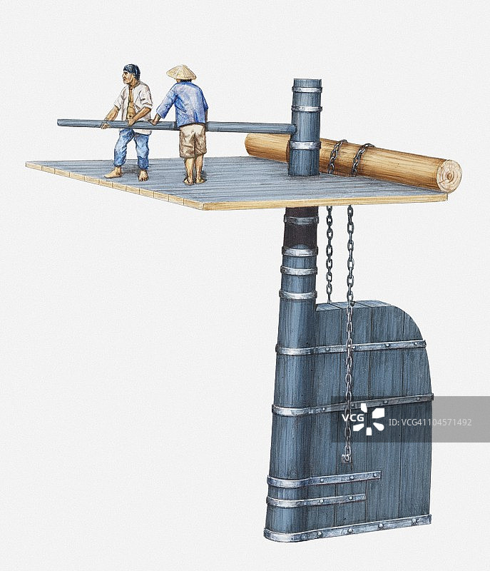 中国帆船上船员掌舵插画图片素材