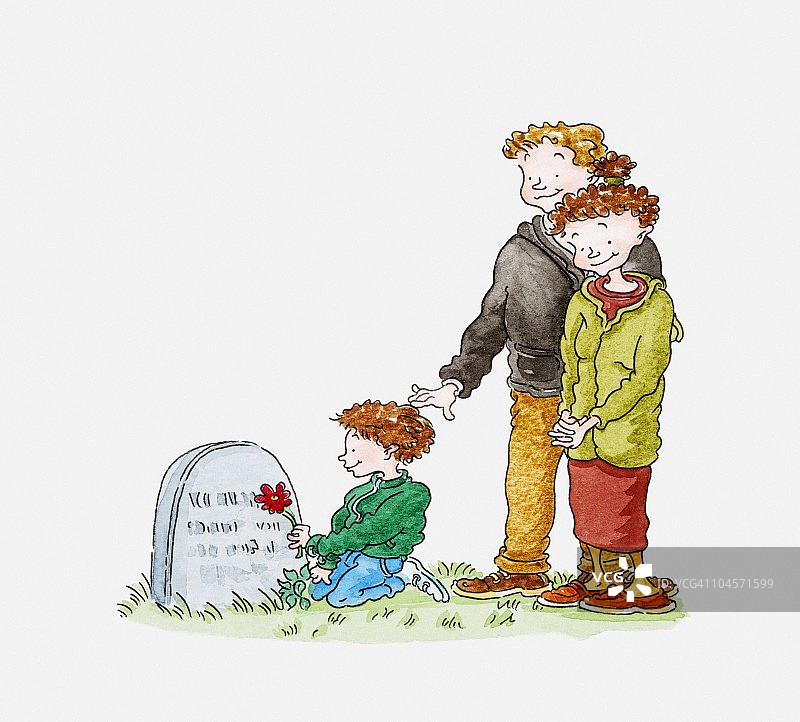 男孩跪在墓前献花插画图片素材