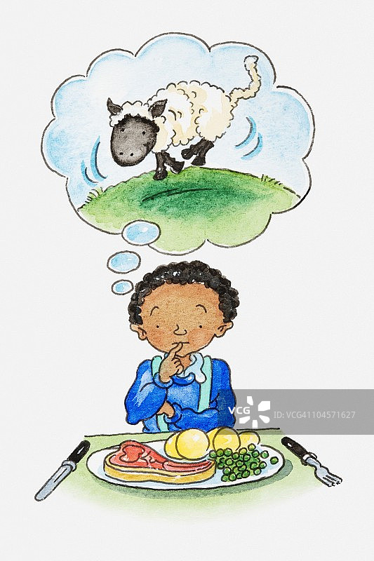 男孩餐桌前吃肉，梦想绵羊插画图片素材
