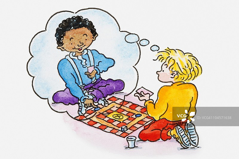 男孩玩棋盘游戏的插图，气泡显示虚构的朋友图片素材