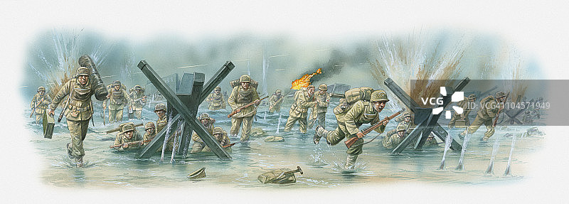 描绘美军在D日入侵期间躲避海滩障碍物的场景，这些障碍物旨在阻止盟军登陆艇图片素材