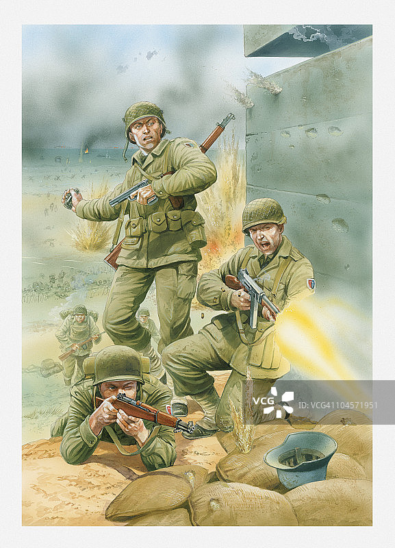 D日登陆奥马哈海滩：美军士兵与德军碉堡图片素材