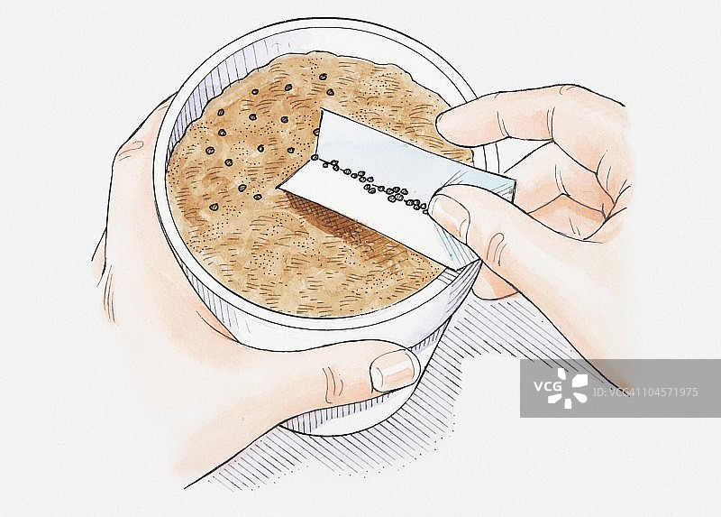 手持纸片在花盆堆肥中撒播种子插画（特写）图片素材