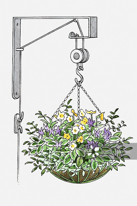 连接到滑轮系统的花篮插画图片素材
