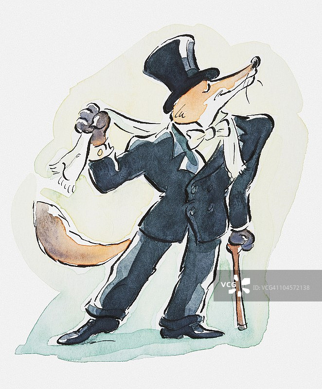 穿着西装和高礼帽的狐狸插画图片素材