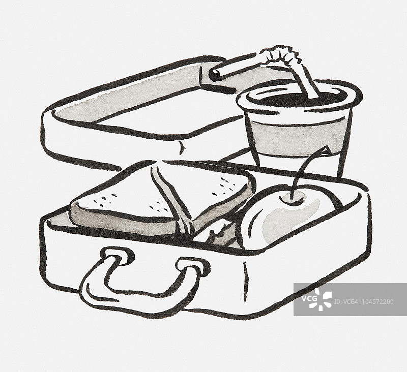 午餐盒和软饮黑白插画图片素材