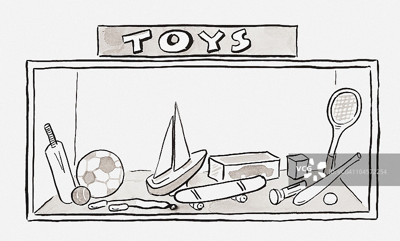 商店橱窗中展示的玩具的黑白插图图片素材