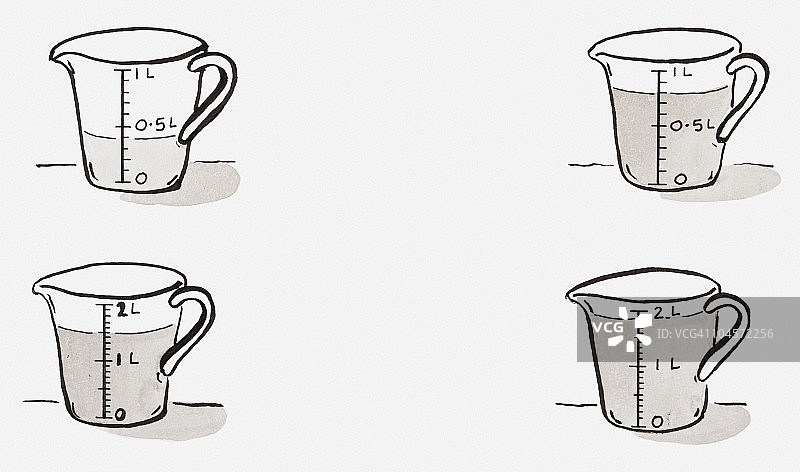 四个装满不同液位的量杯黑白插画图片素材