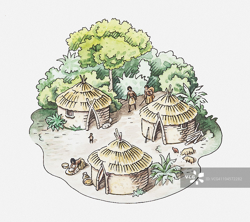 部落村庄圆锥形小屋插画图片素材