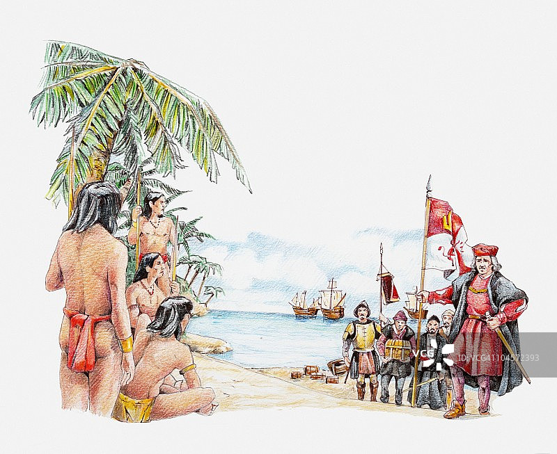 加勒比人和阿拉瓦克人迎接哥伦布插画图片素材