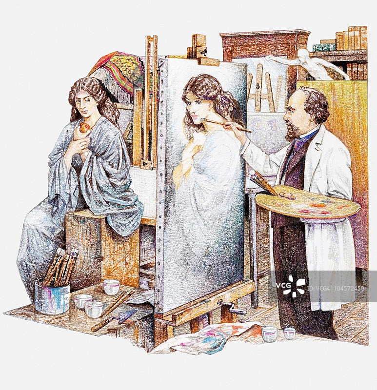 模特为但丁·加百列·罗塞蒂绘画摆姿势图片素材