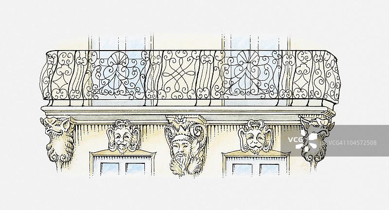 法国南特洛可可式阳台插画，约1730-1740年图片素材