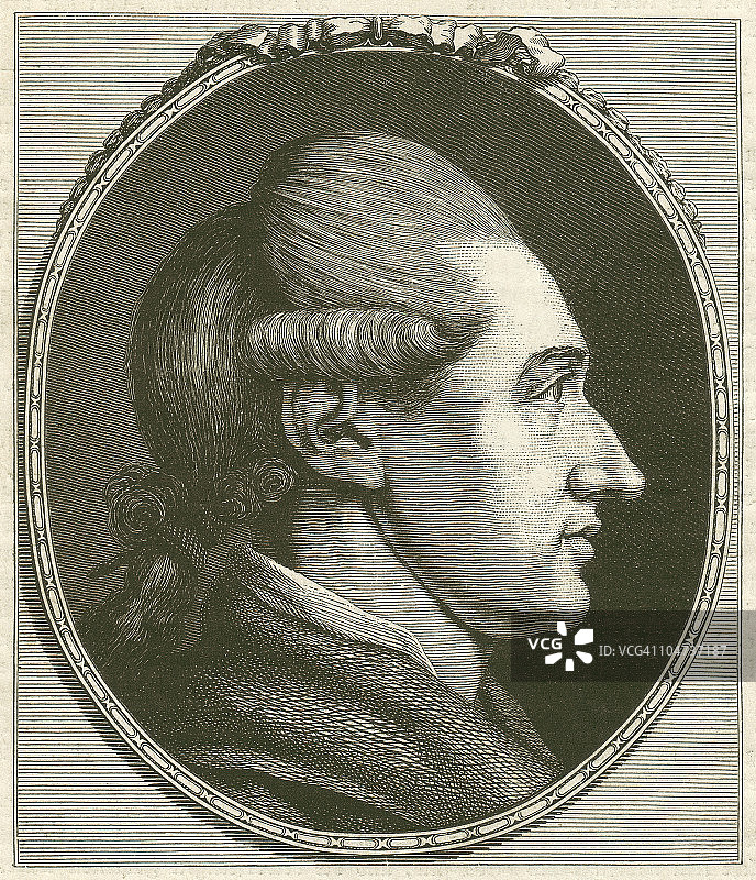 约翰·沃尔夫冈·冯·歌德（1749-1832），1879年出版的木刻版画图片素材