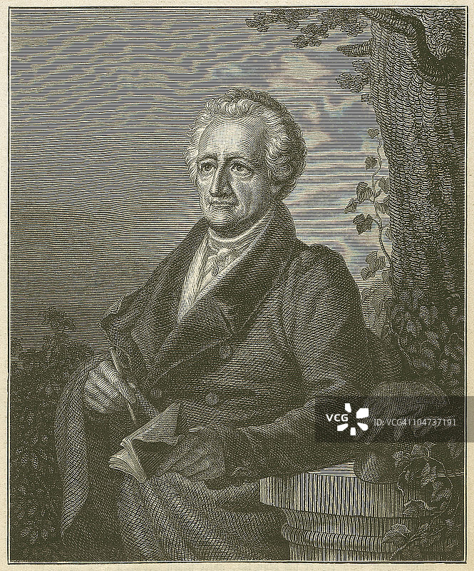 约翰·沃尔夫冈·冯·歌德（1749-1832），1879年出版的木刻版画图片素材