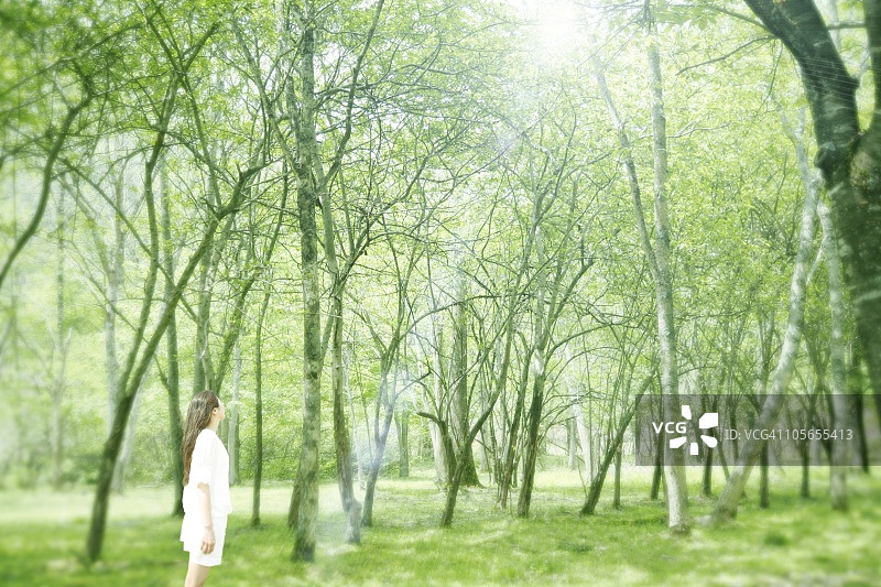 站在森林里仰望太阳的女人图片素材