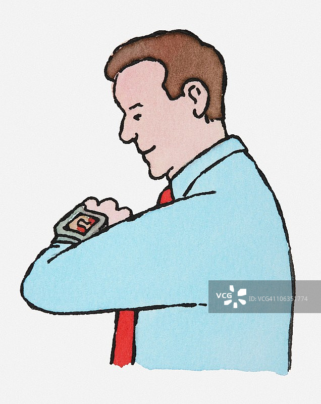 男人看手腕上计步器插画图片素材