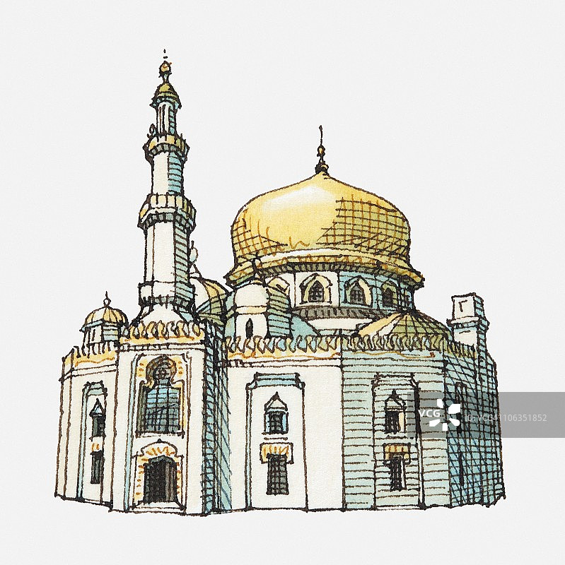 金色洋葱圆顶清真寺和宣礼塔插画图片素材
