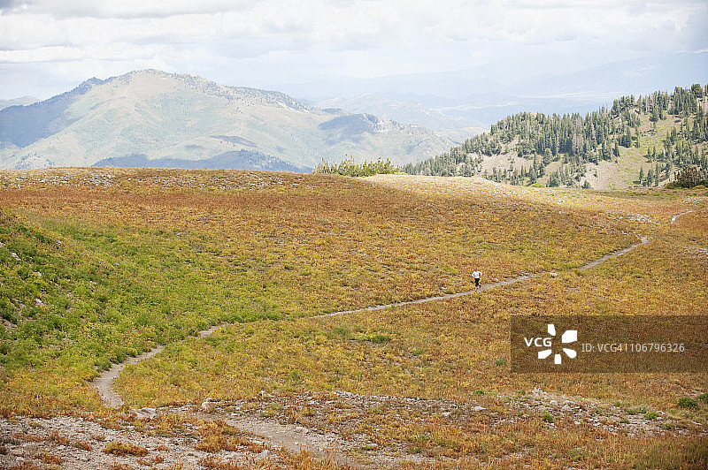 一名妇女在犹他州普莱森特格罗夫附近的蒂姆帕诺戈斯山，穿过一片色彩斑斓的田野图片素材