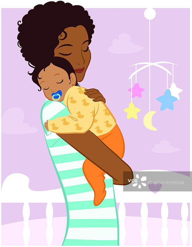 母亲在婴儿床旁抱着婴儿图片素材