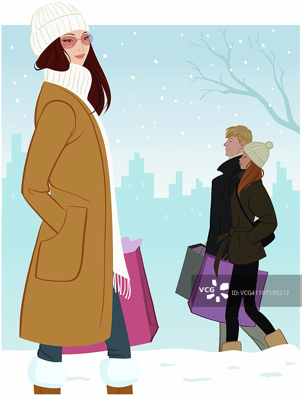 雪地里拎着购物袋行走的人群图片素材