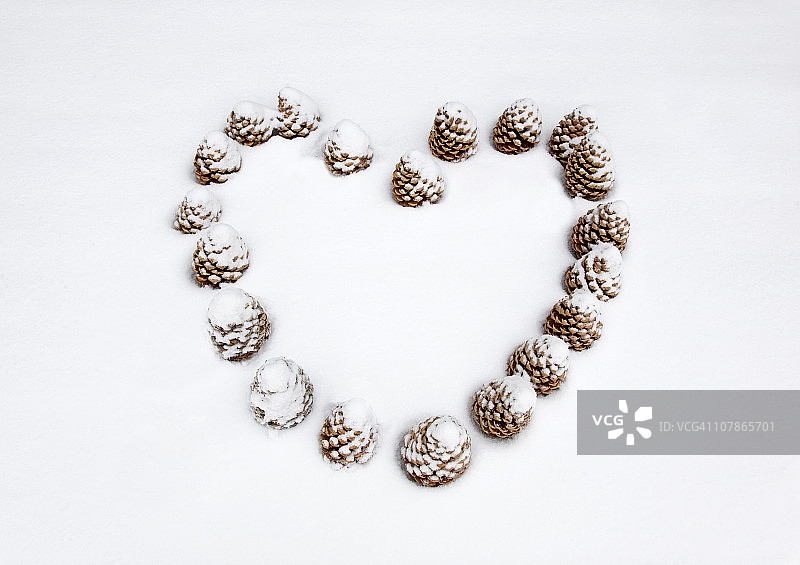 雪覆盖的松果排列成心形图片素材