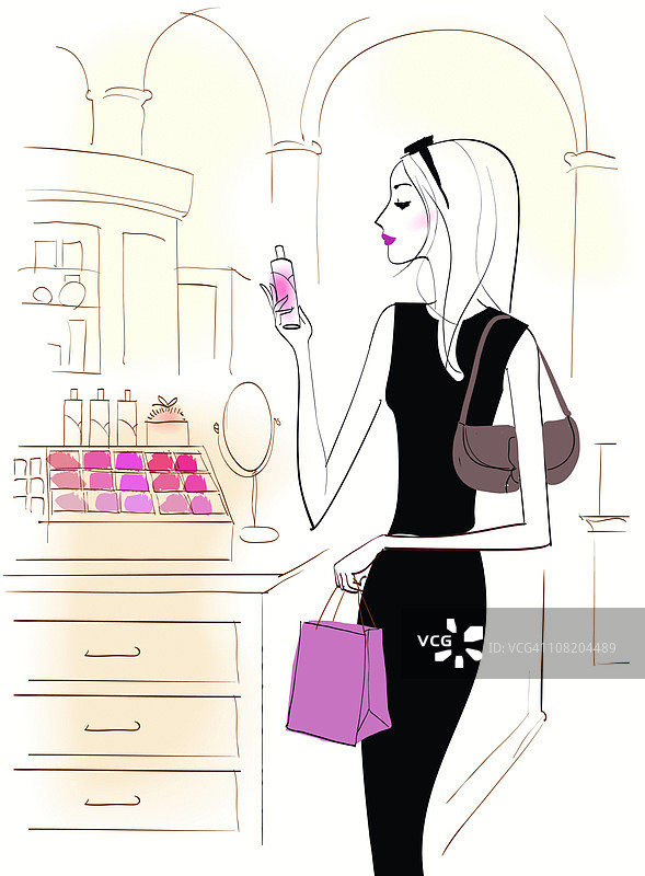 在零售店看化妆品的女人图片素材